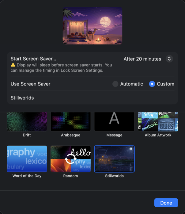 Stillworlds chosen as the screen saver in System Settings