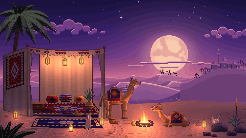 Oasis Camp: a caravan crosses under the moon